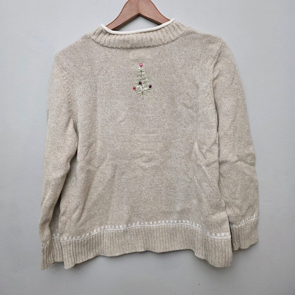 Christopher  Banks Santa Christmas Sweater Embroidered Beige Cotton Blend Medium - Picture 8 of 11